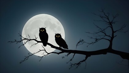 Owls With Moonlit Silhouettes On A Branch Upscaled 8