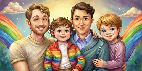 Illustration of a same-sex couple with child in a cheerful family photo
