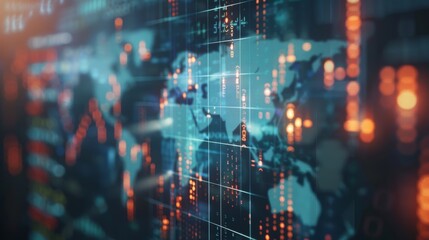 Double exposure of stock market graph and world map on digital screen.