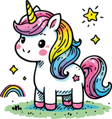 Fototapeta premium child's drawing of cute cartoon unicorn with colored pencils and rainbow