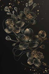 An artistic depiction featuring a bouquet of golden flowers aglow with sparkling highlights on a dark backdrop, exuding luxury and elegance