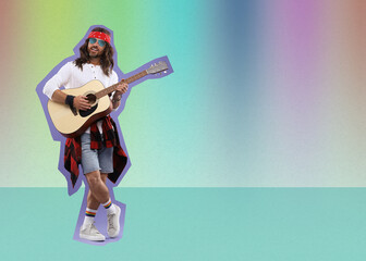 Pop art poster. Man in sunglasses playing guitar on rainbow background, pin up style