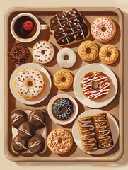 Tray of Treats, Suitable for cafes, restaurants, and bakeries. The background can depict a decorated tray with pastries, donuts, and cookies. Generative AI.