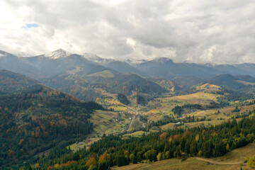 Aerial view of beautiful mountains on cloudy day