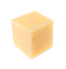 One cube of tasty cheese isolated on white