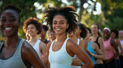 A photo of people of different ethnicities  engaging in group workout session outdoors with a beautiful African girl in focus promoting body positivity and self-acceptance on International No Diet Day