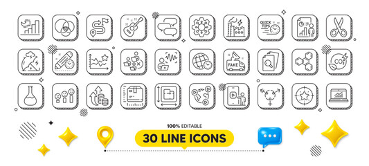 Chemical formula, Euler diagram and Chemistry lab line icons pack. 3d design elements. Voice wave, Star target, Quick tips web icon. Guitar, Project deadline, Online statistics pictogram. Vector