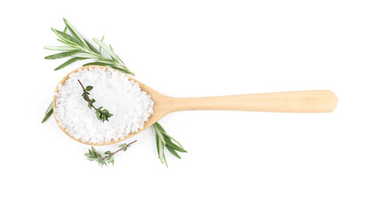 Salt with herbs in spoon isolated on white, top view