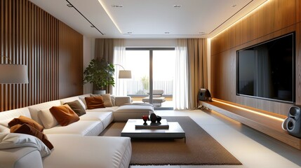 This sophisticated space boasts sleek lines, warm light, and a large window that fills the room with natural light