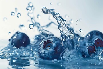 ripe blueberries bursting with juice splashing liquid closeup on white