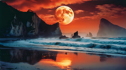 a dramatic coastal scene under a strikingly large full moon with vivid orange and red hues...