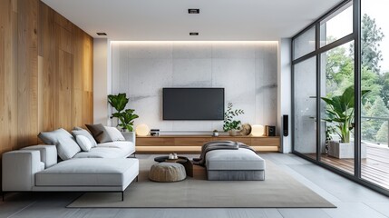 A contemporary styled living room with elegant wooden paneling and minimalist furniture, poised against a serene backdrop