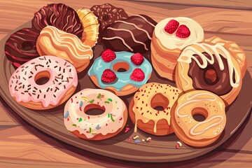 A tray of treats, perfect for cafes, restaurants, and bakeries. Background features a decorated tray adorned with pastries, donuts, and cookies. Generative AI.