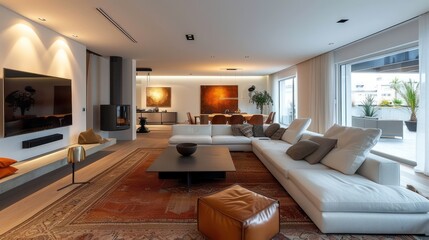 Contemporary living room design with large sofas, coffee table, and warm color scheme creating a cozy and inviting space