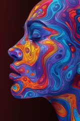 A woman's face painted with colorful swirls and patterns, AI