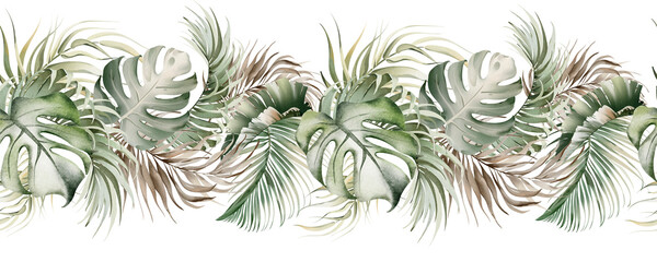 Watercolor botanical seamless tropics border. Green exotic jungle on a white background. Floral decoration for print design. Tropical fresh forest painted background. © Elena