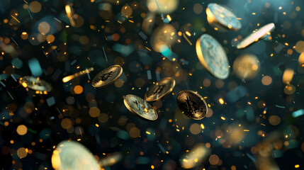 A bunch of gold coins are falling from the sky