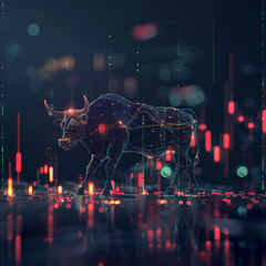 A bull is depicted in a digital art piece with a city skyline in the background