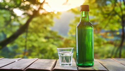 Soju, green glass bottle and shot on wooden table. Korean beverage. Alcoholic drink.