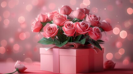 This image captures a full bunch of lush pink roses overflowing from a square gift box surrounded by bokeh - Powered by Adobe
