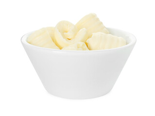 Tasty butter curls in bowl isolated on white