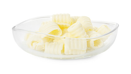 Tasty butter curls in bowl isolated on white