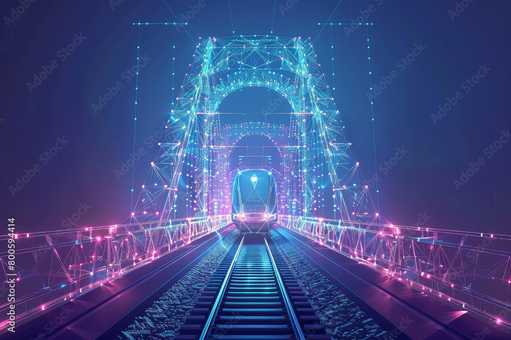 Poster a train is traveling down a track with a bridge in the background