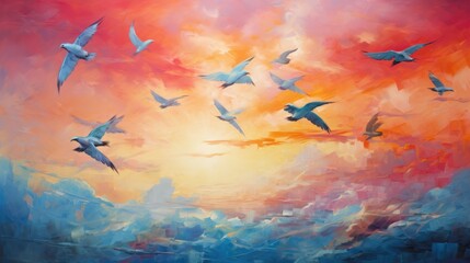 A photo abstract and expressive representation of a flock of birds flying in a colorful sky