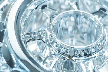 shimmering silver engine flywheel glistening on white abstract backgrounds