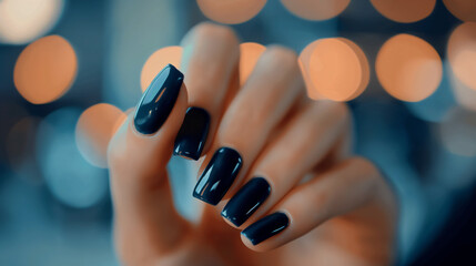 Mão de uma mulher com as unhas pintadas de azul escuro