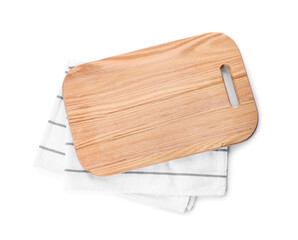 Wooden cutting board and napkin isolated on white, top view