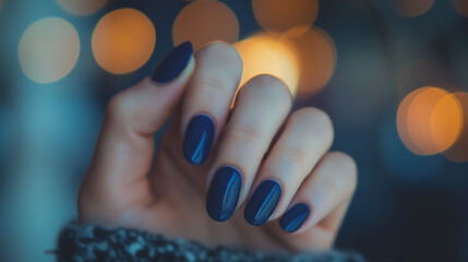 Mão de uma mulher com as unhas pintadas de azul escuro