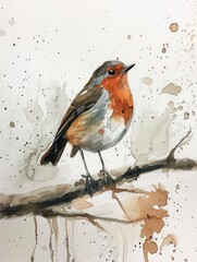 Detailed watercolor artwork captures the delicate beauty of a robin perched on a branch with splattered paint background