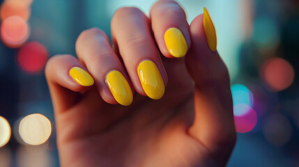 Mão de uma mulher com as unhas pintadas de amarelo