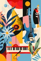 This striking image blends musical instruments with abstract shapes and florals in a colorful and visually engaging composition