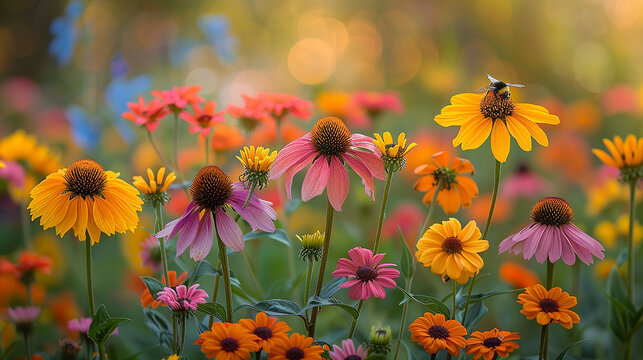 Fototapeta A vibrant field of coneflowers, their daisy-like blooms attracting bees and butterflies