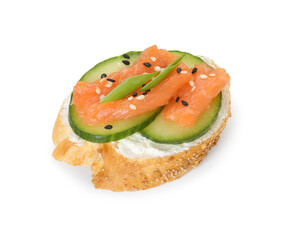 Tasty canape with salmon, cucumber and cream cheese isolated on white