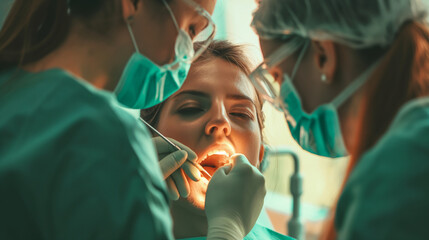 Medical professionals performing a tonsillolith removal procedure to alleviate symptoms of throat discomfort. Mercy and care, responsibility, respect, teamwork - obrazy, fototapety, plakaty
