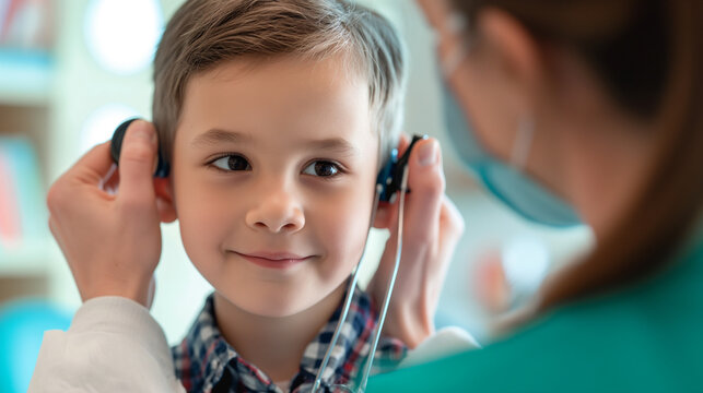 An ENT specialist conducting a hearing evaluation for a pediatric patient using age-appropriate techniques. Mercy and care, responsibility, respect, teamwork