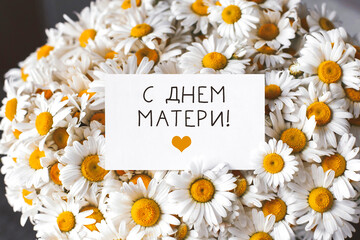 big beautiful bouquet of field daisies close-up, white greeting card with text happy mothers day in...