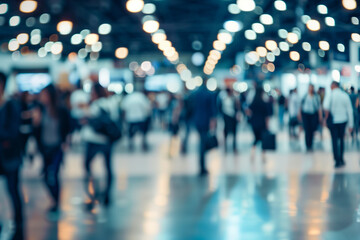 A busy expo hall with people walking around, defocused, blurred background