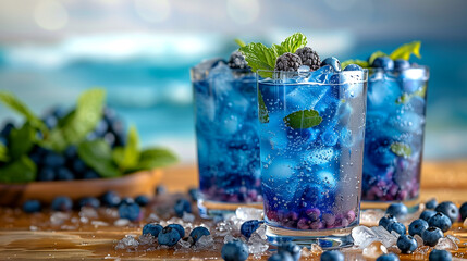 Three glasses of blueberry juice with ice cubes and mint leaves