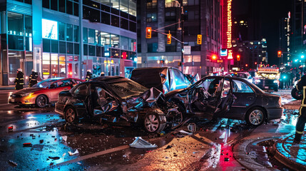 A car accident scene with a black car on the left and a white car on the right