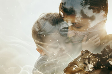 A mother and child are hugging in a blurry photo