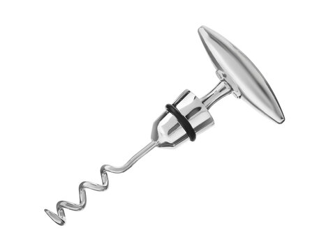 One metal corkscrew isolated on white. Kitchen utensil
