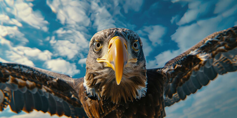 Wide angle photo of flying eagle looking into the camera against a blue sky background.