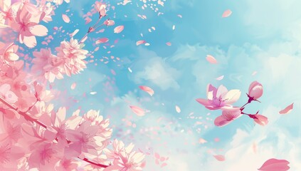 A cute pastel watercolor background with cherry blossoms and petals flying in the wind, Japanese pattern elements Generative AI