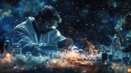 Illuminate the intellect of a scientist, engrossed in research, unlocking the mysteries of the universe.
