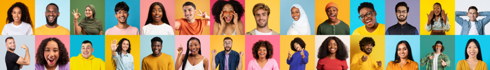 Wide banner of expressive diverse people on colorful background
