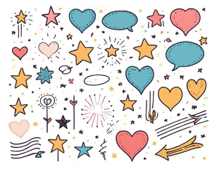 Colorful cartoon graphics with hearts, stars and speech bubbles